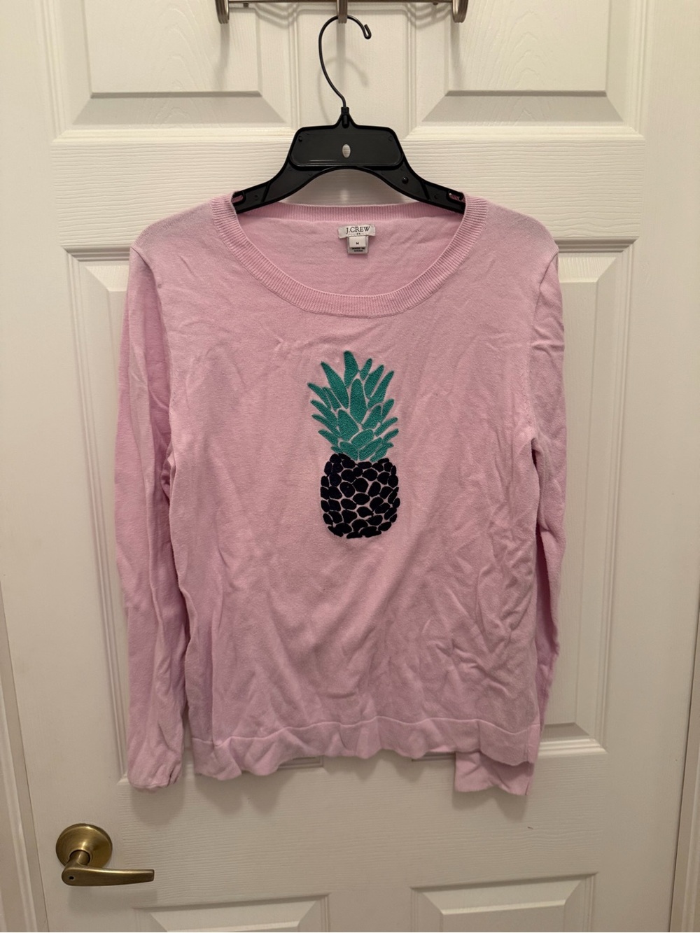 J. Crew Light Pink Sweater with Green & Black Pineapple Motif